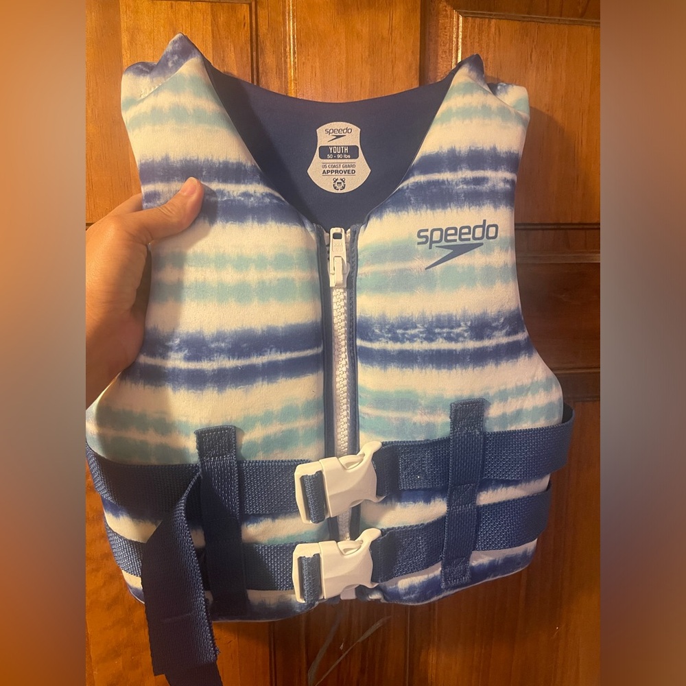Speedo Kids Blue and White Striped Swim Vest with Zip and Buckles